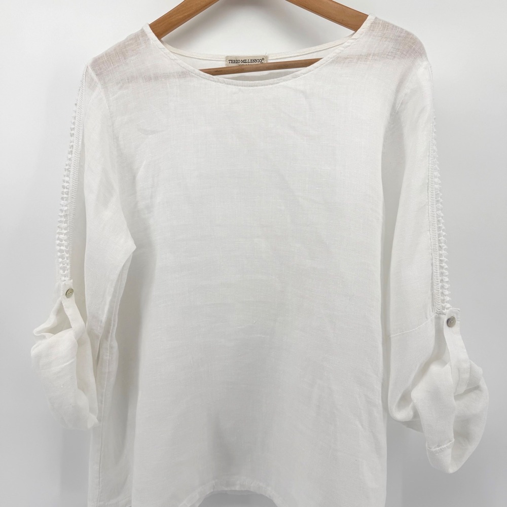 Terzo Millennio Womens M White Linen Roll Tab Sleeve Blouse Made in Italy